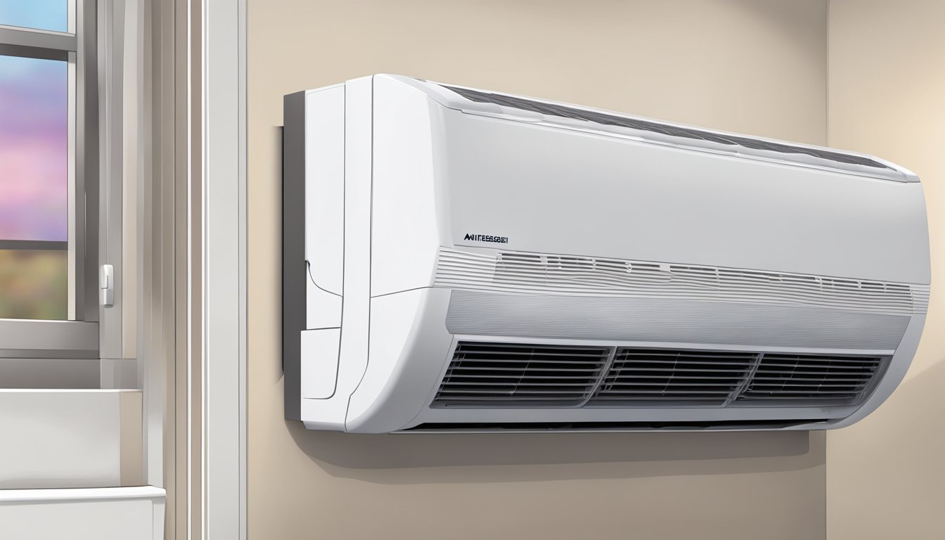 A Mitsubishi air conditioner in dry mode, with cool air flowing and moisture being removed from the room