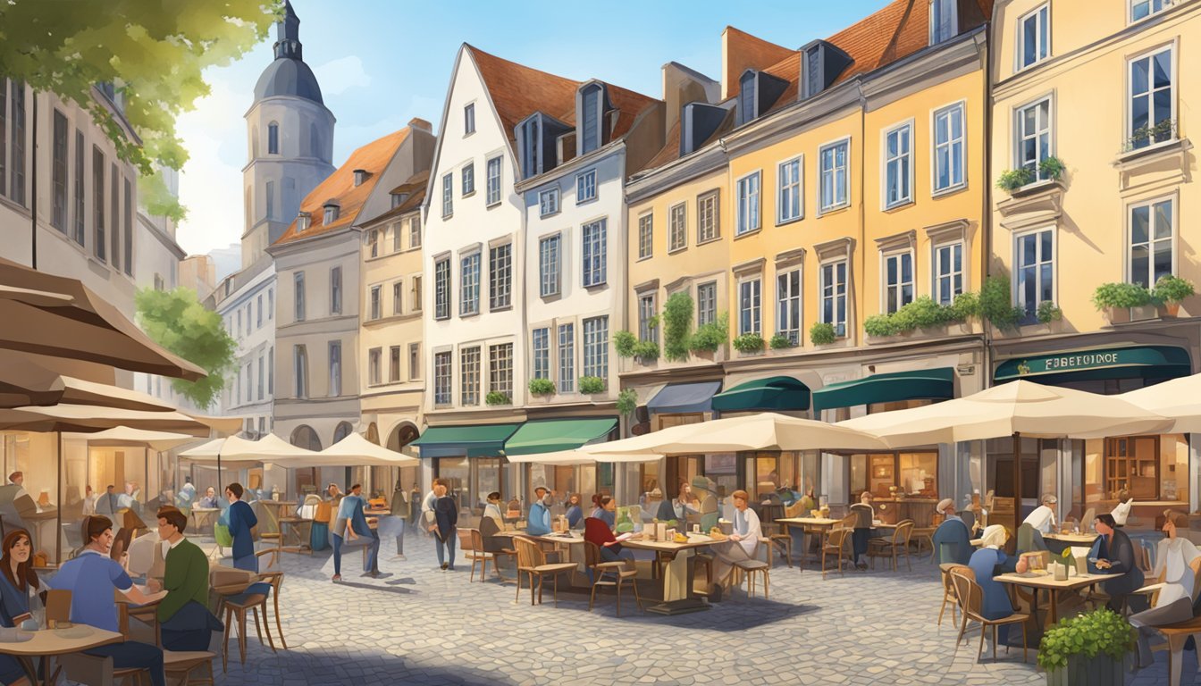 A bustling European city square with cobblestone streets, outdoor cafes, and a mix of historic and modern architecture