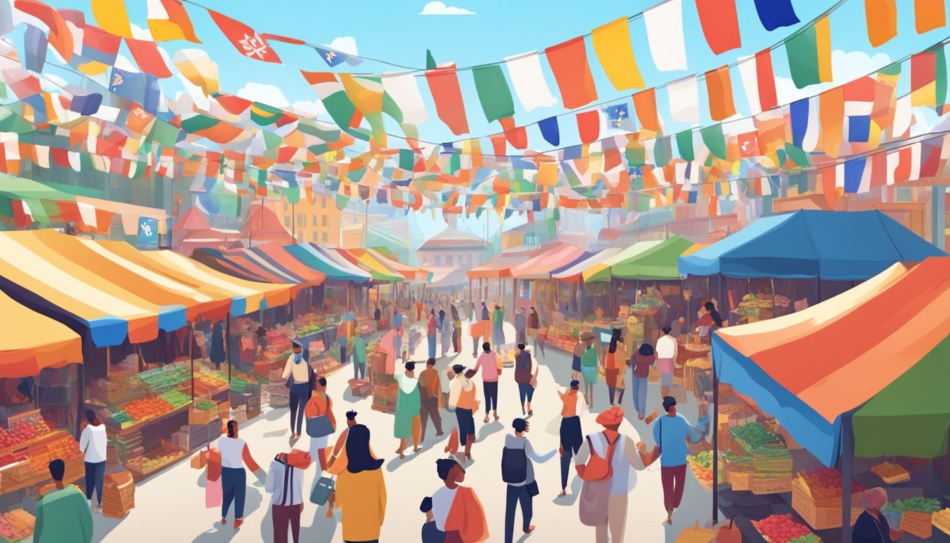 Vibrant marketplace with diverse goods and people. Flags from different countries fly overhead. Music and laughter fill the air