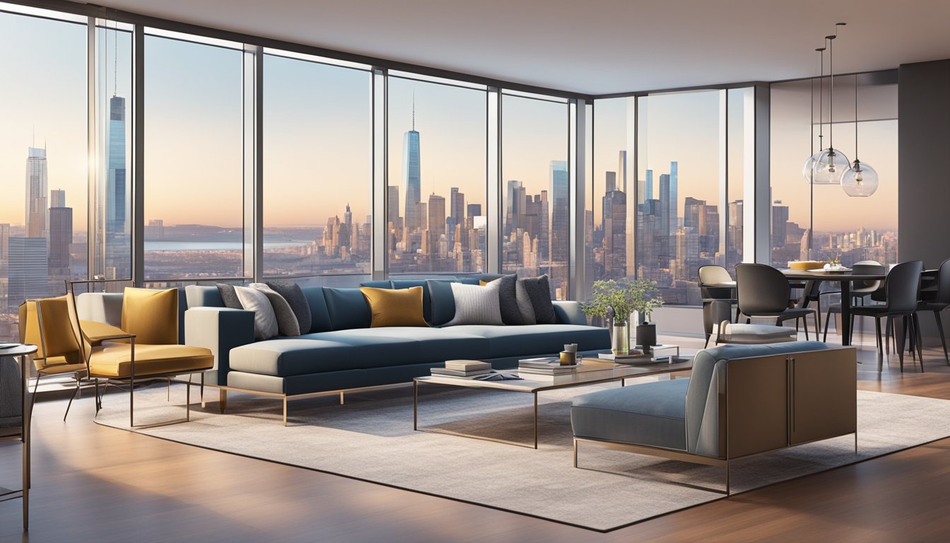 A sleek, open-concept living room with minimalist furniture, metallic accents, and floor-to-ceiling windows overlooking a city skyline