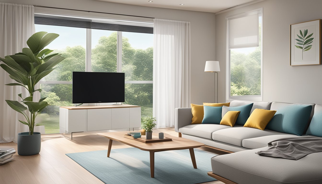 A Daikin inverter aircon with advanced features, including energy-saving technology, quiet operation, and precise temperature control, installed in a modern living room with sleek furniture and a minimalist design