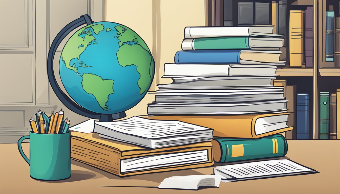 A stack of papers with "Frequently Asked Questions" printed on top, surrounded by a globe, computer, and book