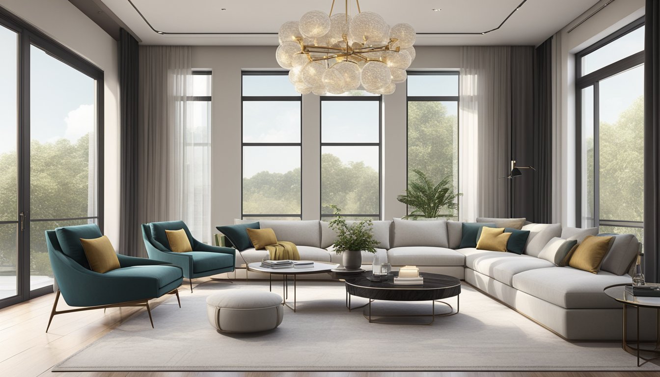 A sleek, minimalist living room with high-end furniture, marble accents, and a statement chandelier. Large windows allow natural light to illuminate the space, creating a sense of luxury and sophistication