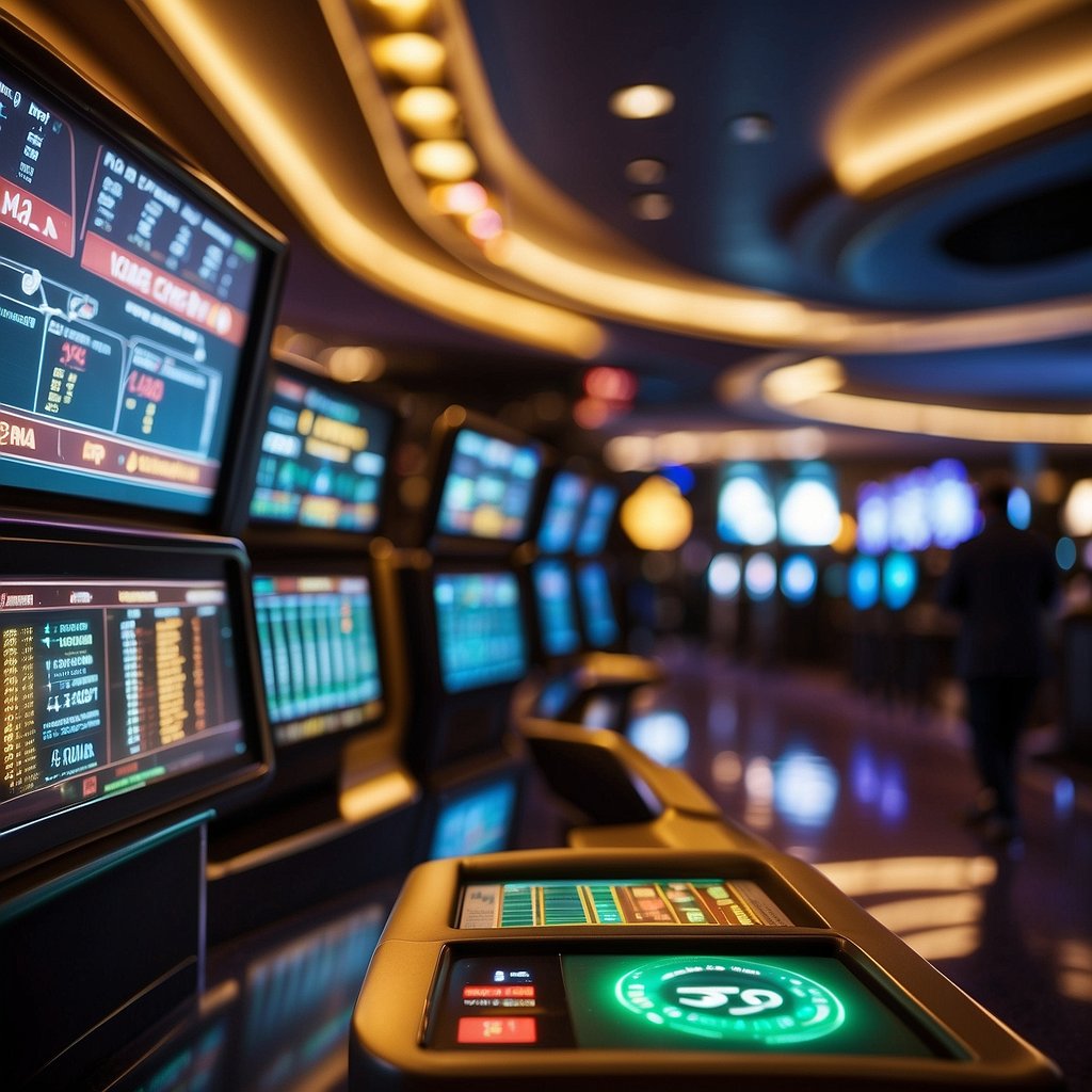 A bustling casino floor with digital screens displaying live cryptocurrency prices, players placing bets at virtual tables, and a futuristic atmosphere