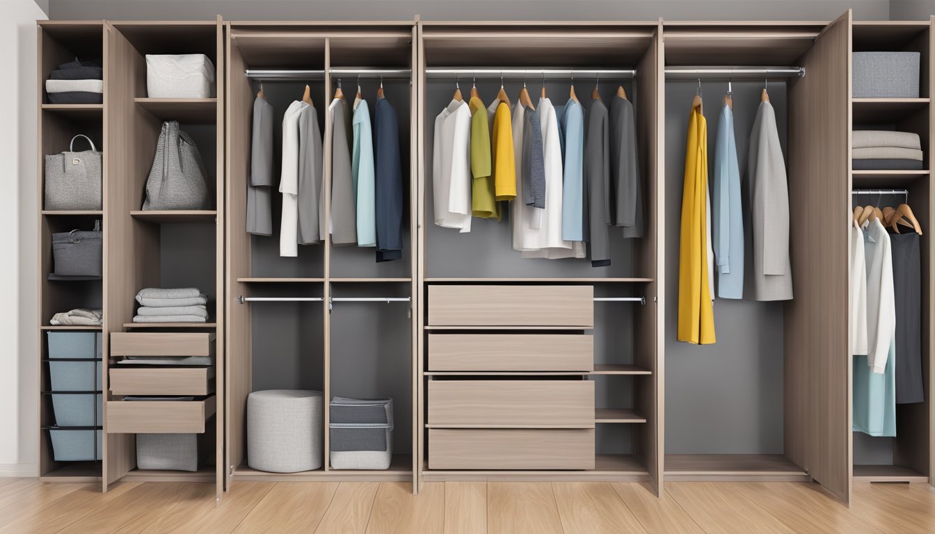 A modular wardrobe with sliding doors, shelves, and drawers