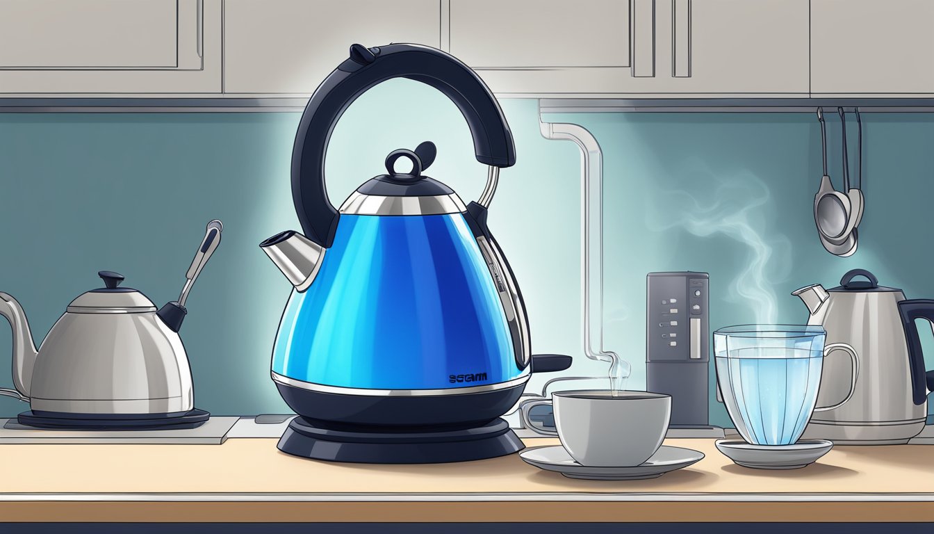 The electric kettle sits on the kitchen counter, plugged in and with a blue LED light indicating it's on. Steam rises from the spout as it boils water