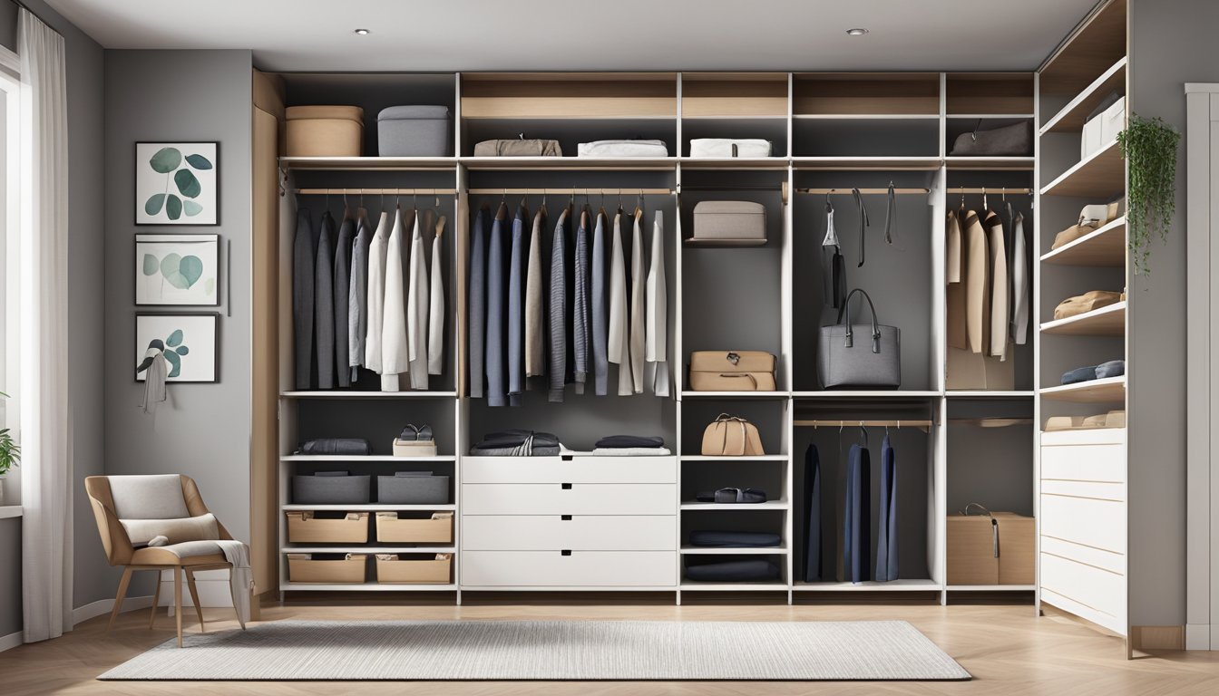 A spacious room with a sleek, customizable modular wardrobe unit, featuring multiple compartments, drawers, and hanging rails. The wardrobe is organized with neatly folded clothes, shoes, and accessories