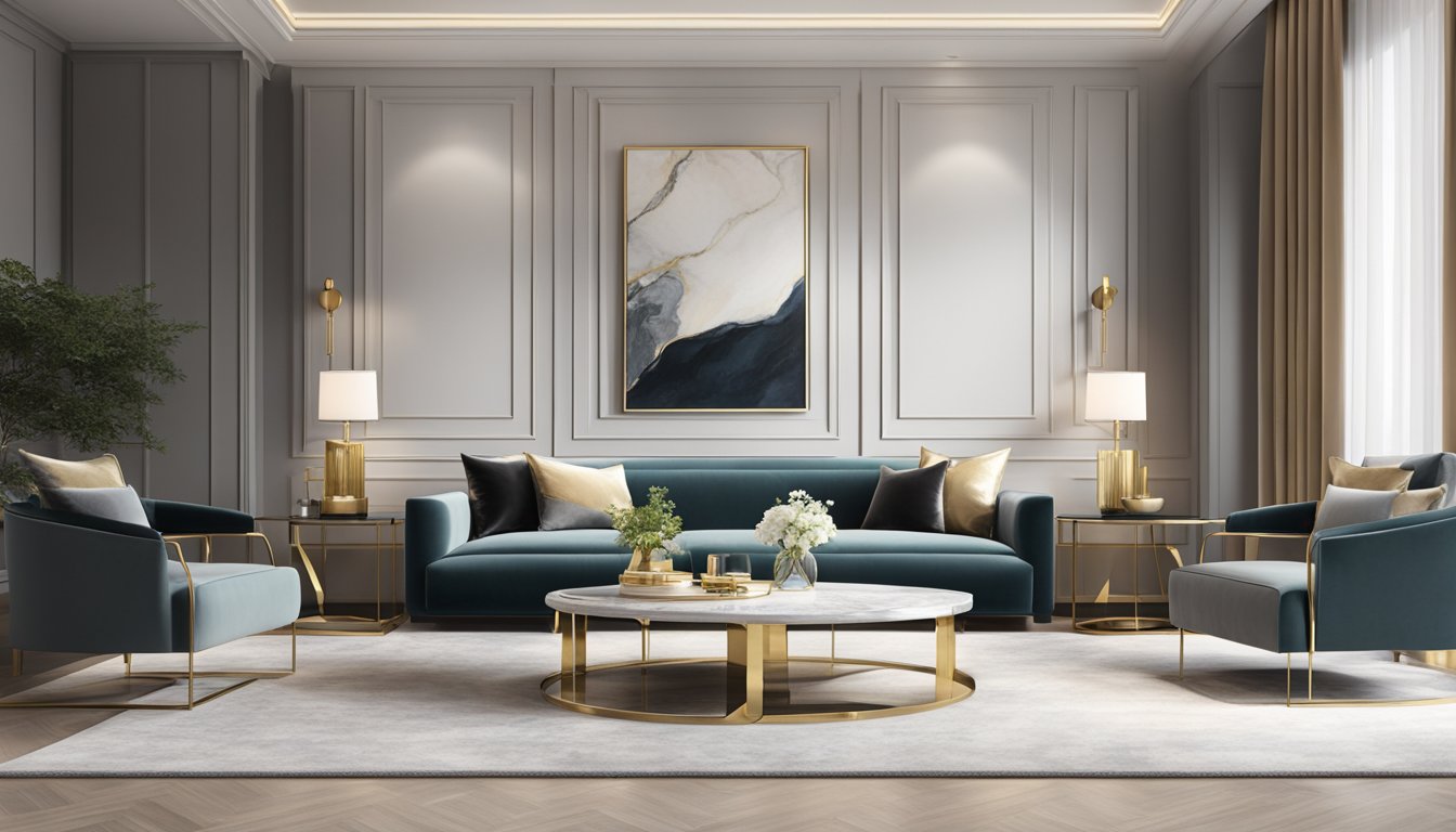 A sleek, minimalist living room with plush velvet furniture, marble accents, and gold fixtures. Clean lines and neutral colors create a luxurious, modern atmosphere