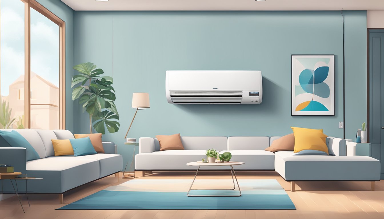 A technician installs a Daikin inverter aircon unit in a modern living room with sleek design and clean lines