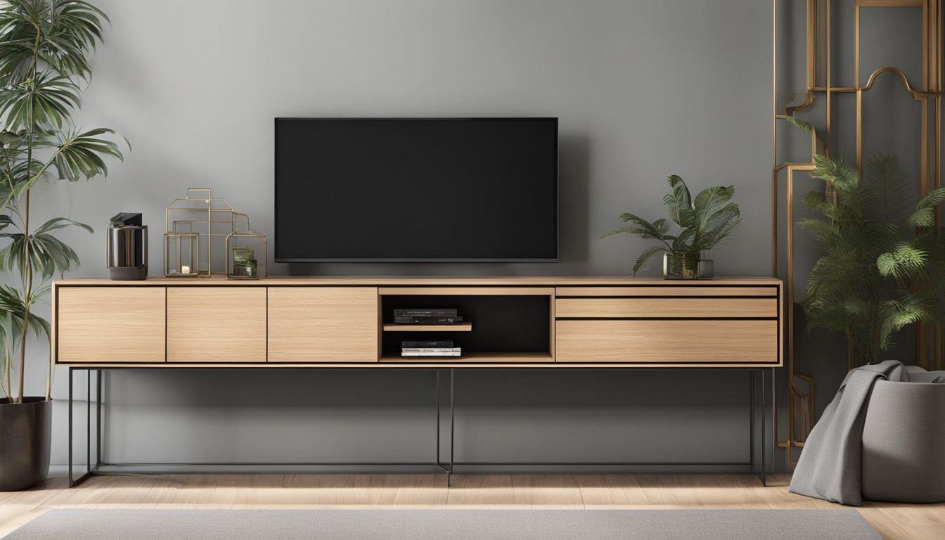 A sleek TV console with a minimalist design, featuring clean lines and a combination of wood and metal materials. The console is adorned with a few decorative items and has integrated storage compartments