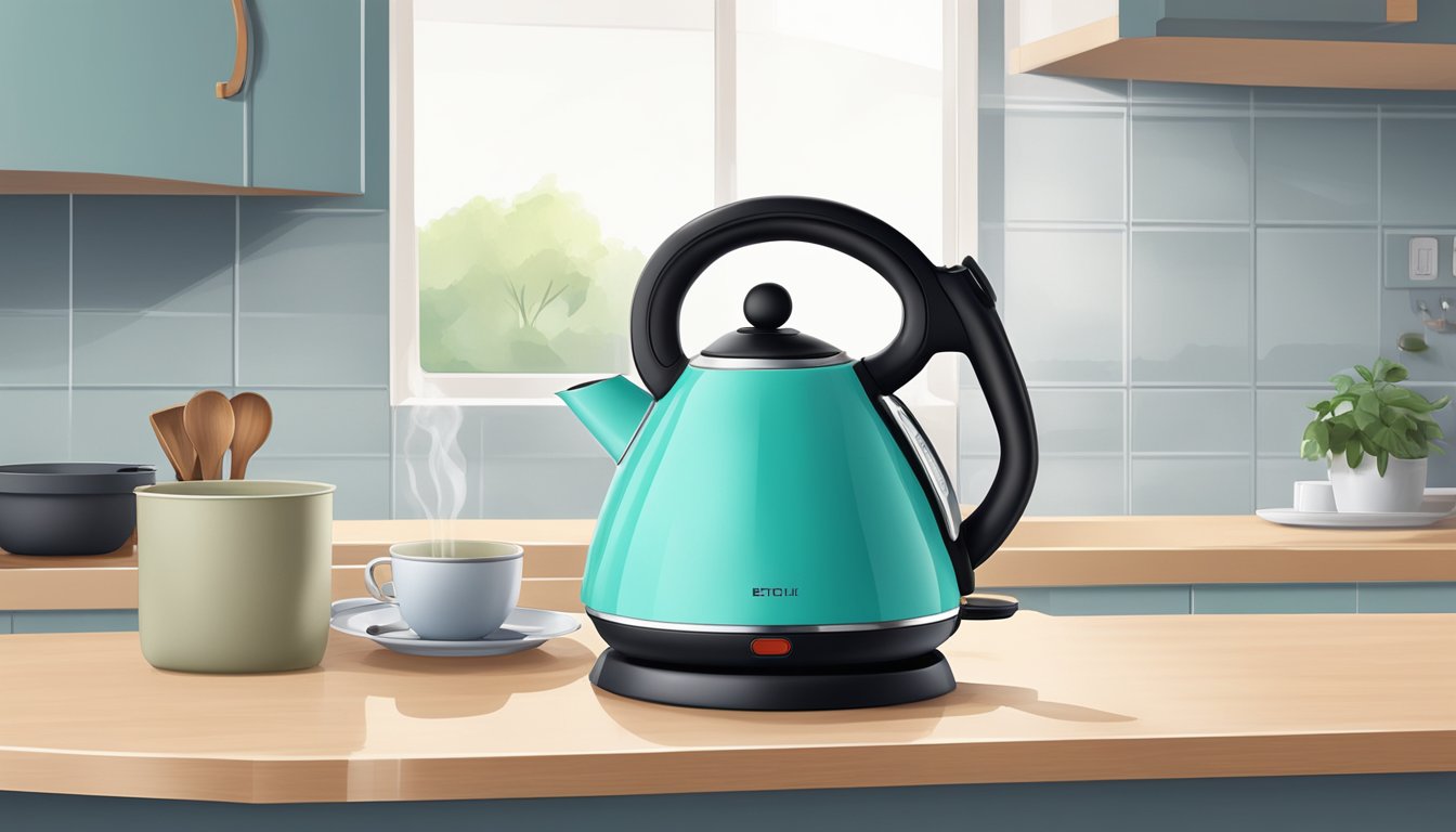 An electric kettle sits on a kitchen countertop in Singapore, with a plug inserted into the wall socket and steam rising from the spout