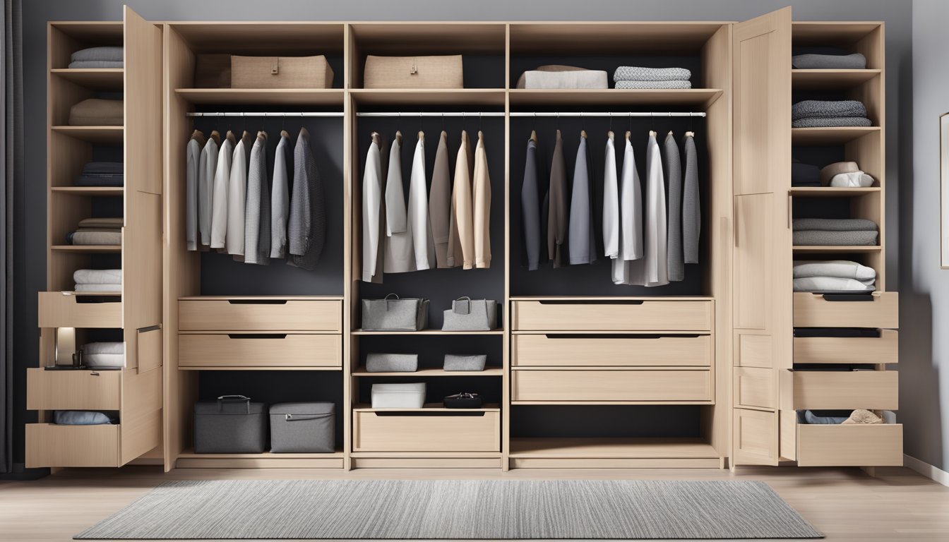 A sleek, modern modular wardrobe with adjustable shelves and drawers, neatly organized with various clothing items and accessories