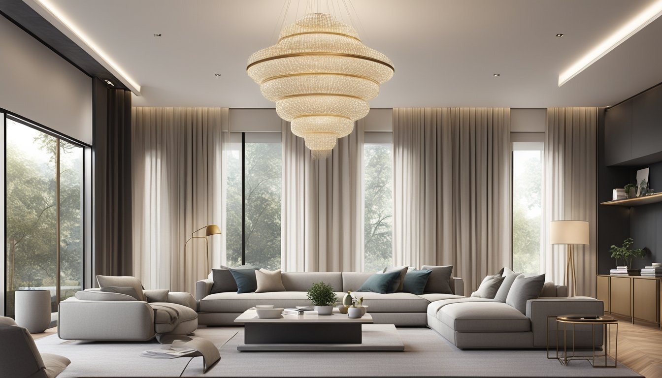 A sleek, minimalist living room with clean lines, muted color palette, and luxurious textures. A large, statement chandelier hangs from the high ceiling, casting a warm glow over the space