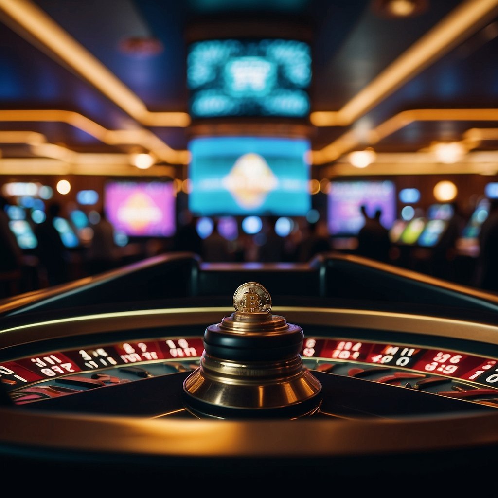 A vibrant casino floor with digital screens displaying live crypto games, surrounded by a bustling crowd of players and dealers