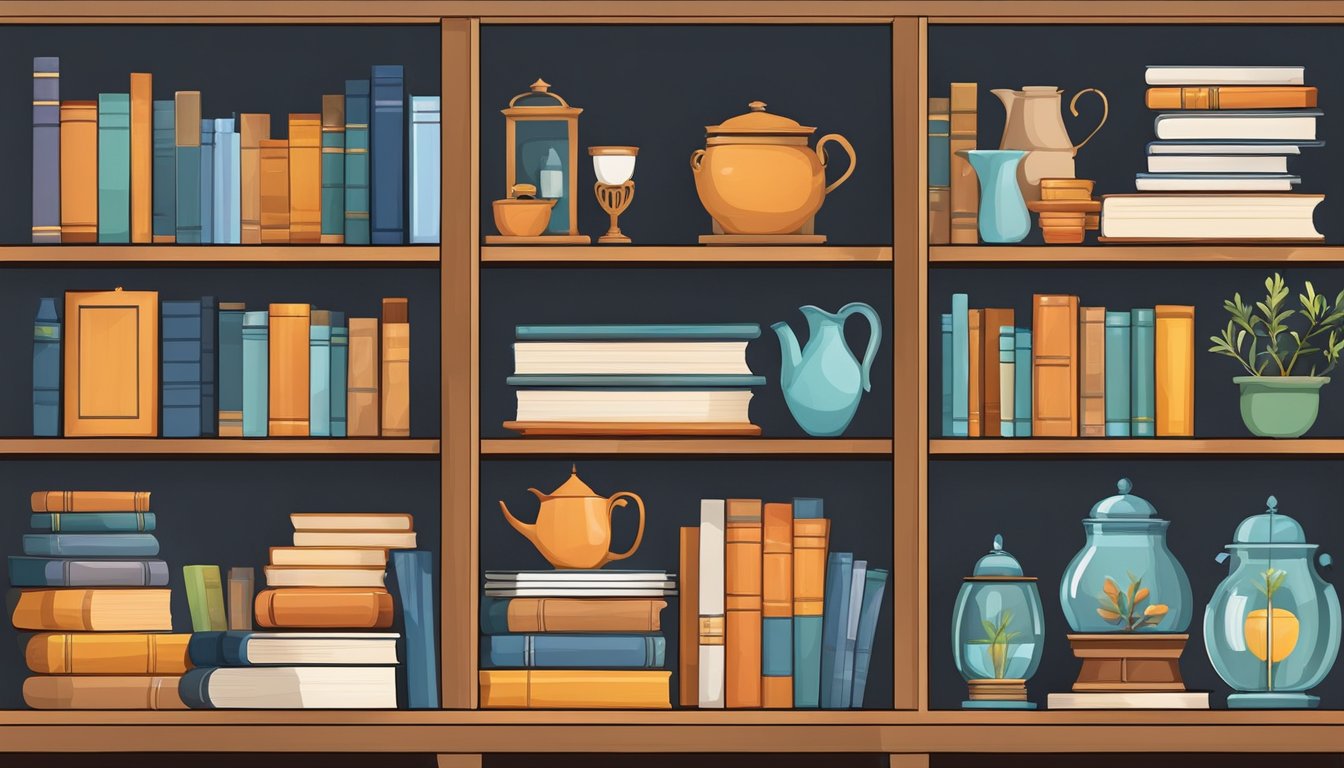 Cabinet shelves neatly arranged with personal collections, books, and decorative items