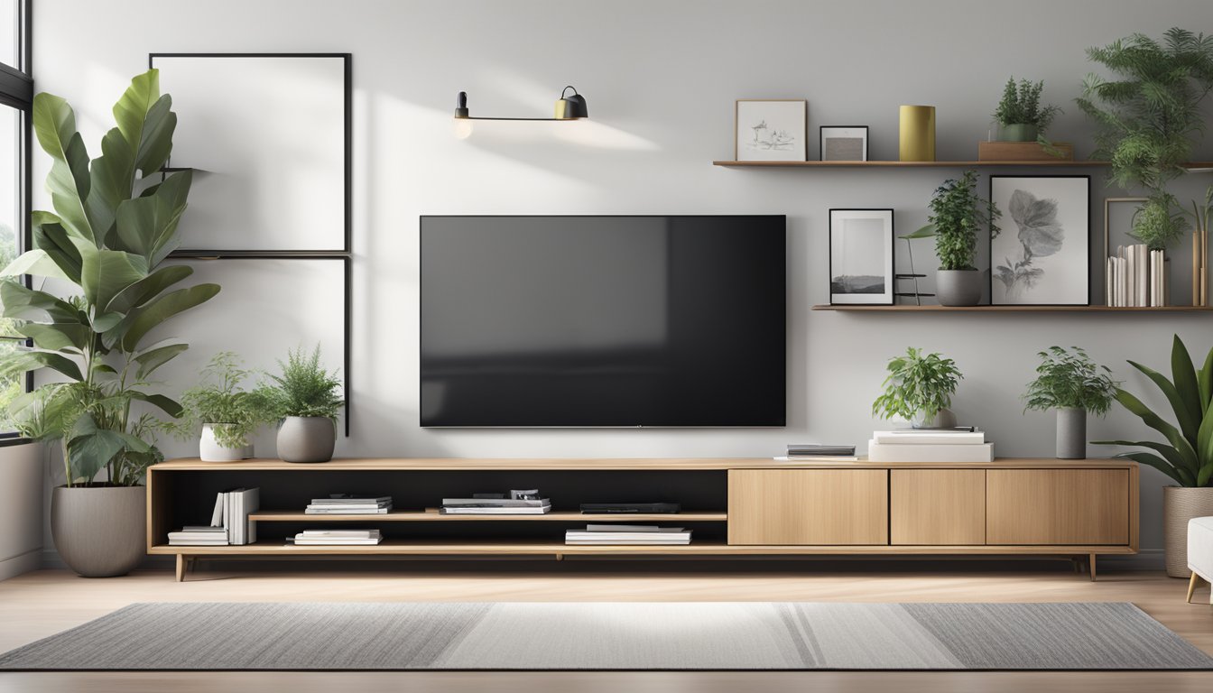 A sleek TV console with minimalist decor and a pop of greenery. Clean lines and open shelving showcase stylish accessories