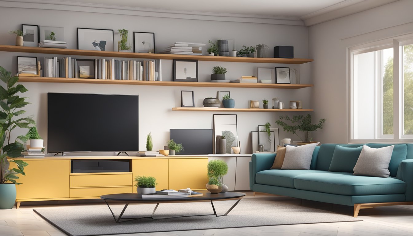 A modern living room with a sleek TV console, surrounded by shelves with neatly arranged decor and electronic devices
