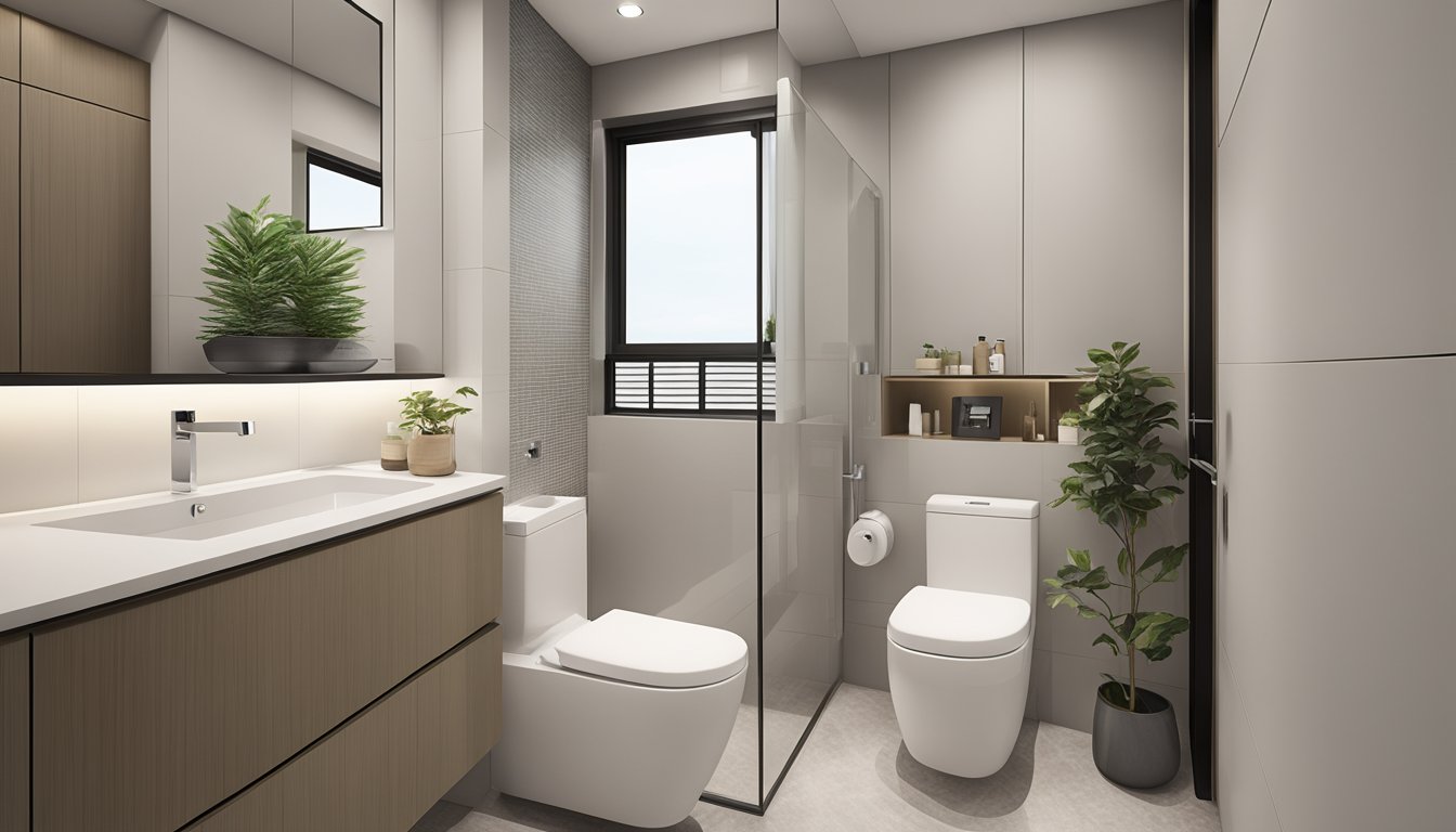 A clean and modern HDB BTO toilet with sleek fixtures and neutral color palette