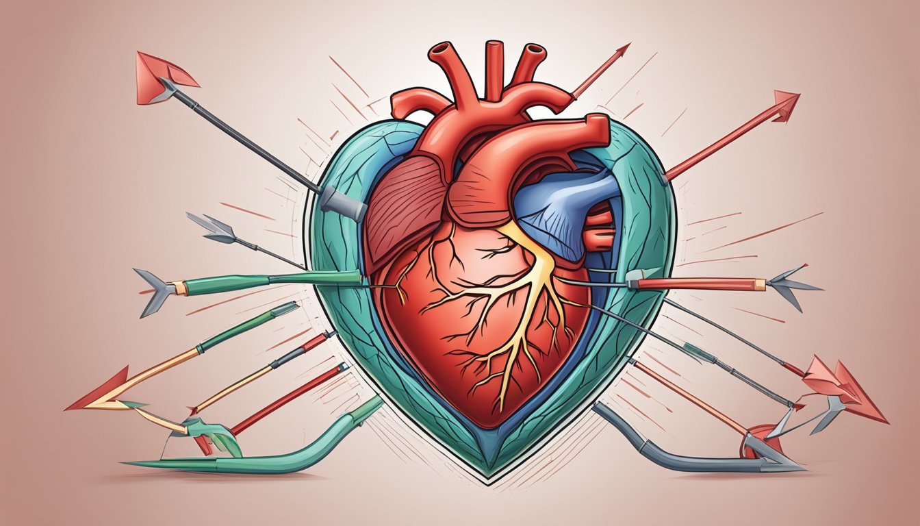 A heart with an arrow through it, one side contracting, the other relaxing. Surrounding veins and arteries show blood flow