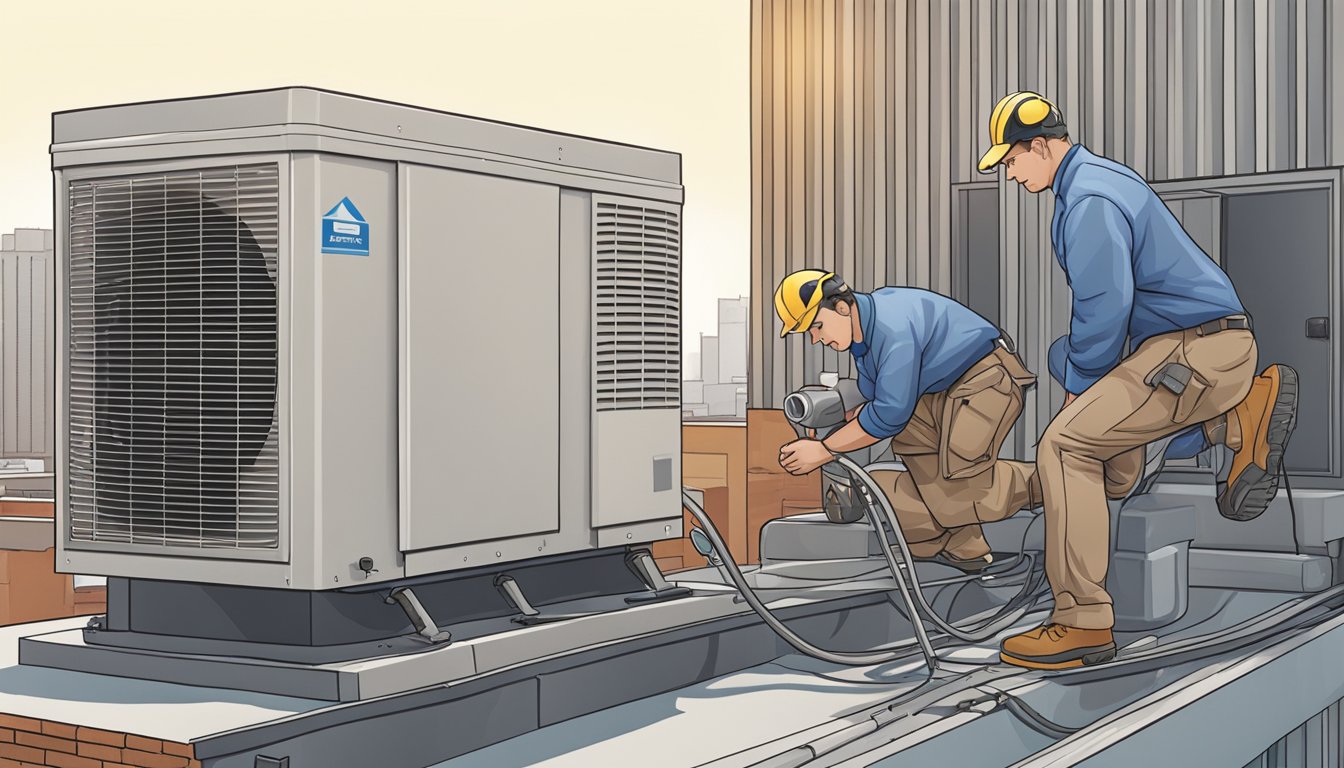 A technician installing an air conditioning unit on a rooftop