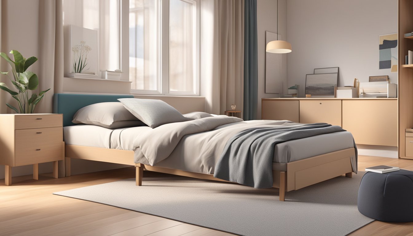 A foldable single bed unfolds in a cozy, clutter-free room with soft, neutral-colored bedding and a sleek, modern design