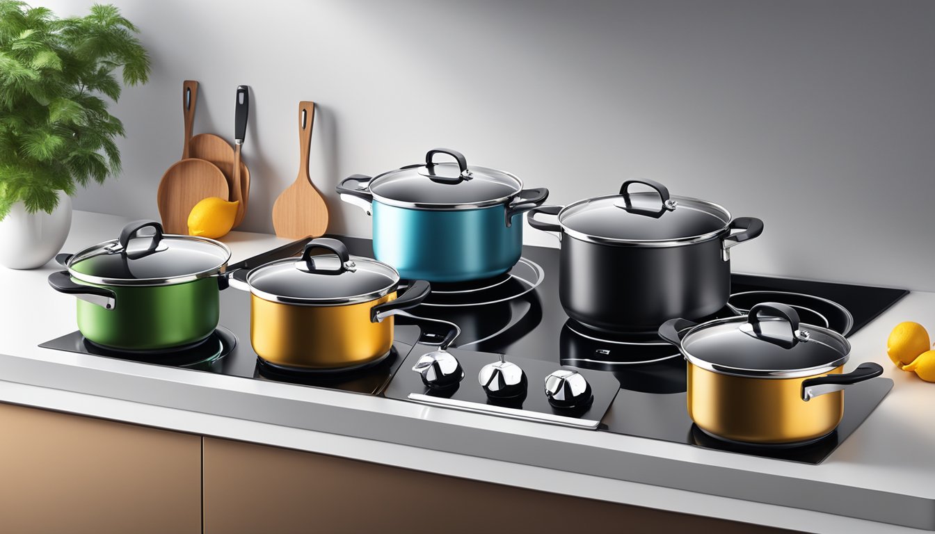 A set of induction pots on a modern stovetop, with sleek and shiny stainless steel exteriors and black heat-resistant handles