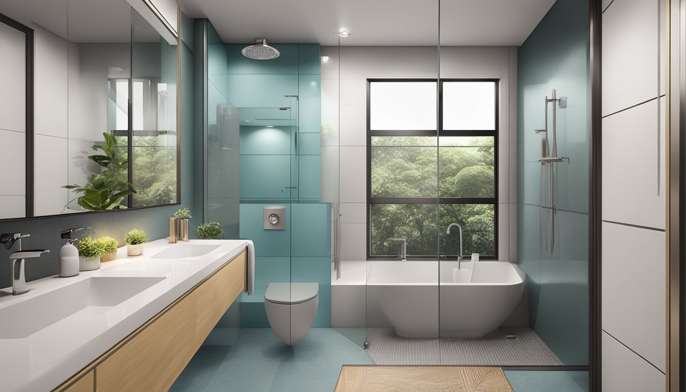 A modern HDB BTO toilet with sleek fixtures, a spacious shower area, and a large mirror above the sink
