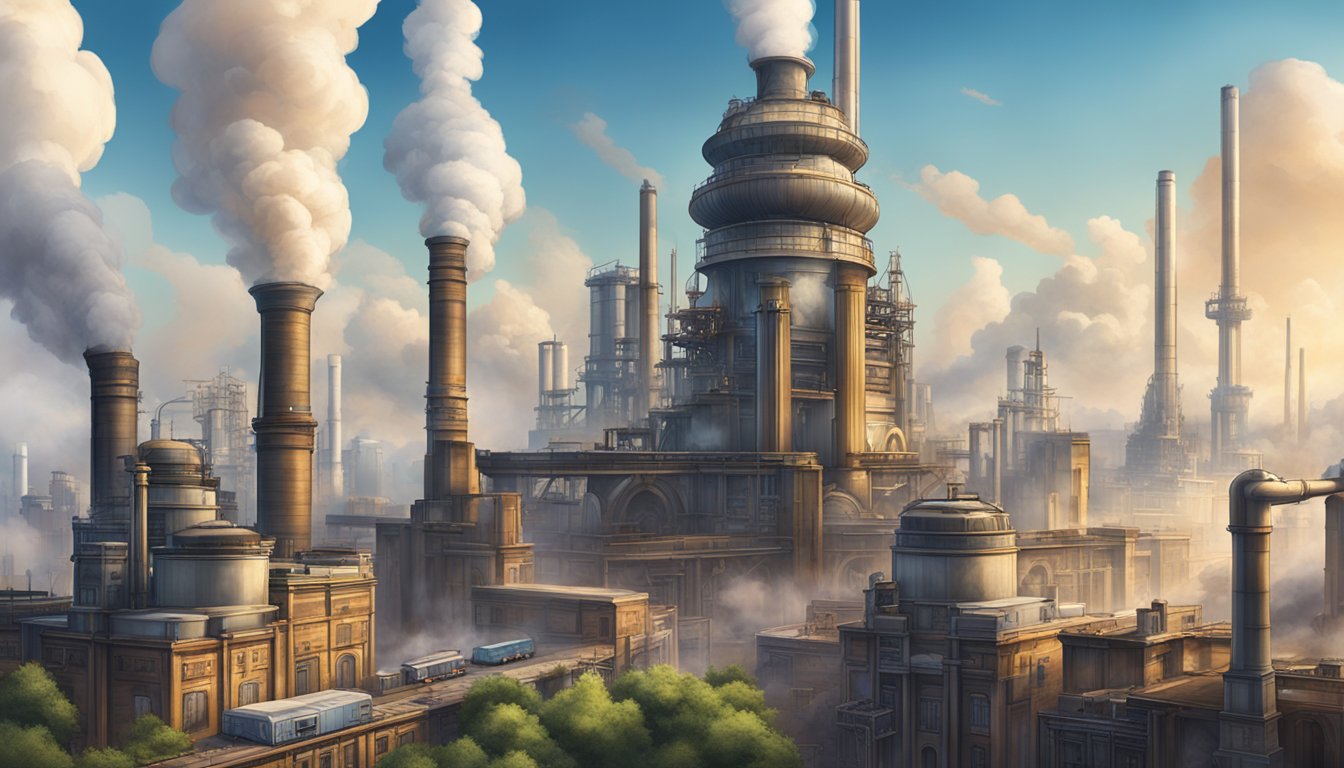 The towering empire works stand tall against the city skyline, with billowing smokestacks and intricate machinery creating a sense of industrial power and innovation