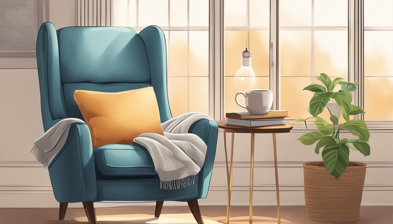 A recliner armchair with a cozy blanket draped over the back, a side table with a warm cup of tea, and a soft reading lamp casting a warm glow