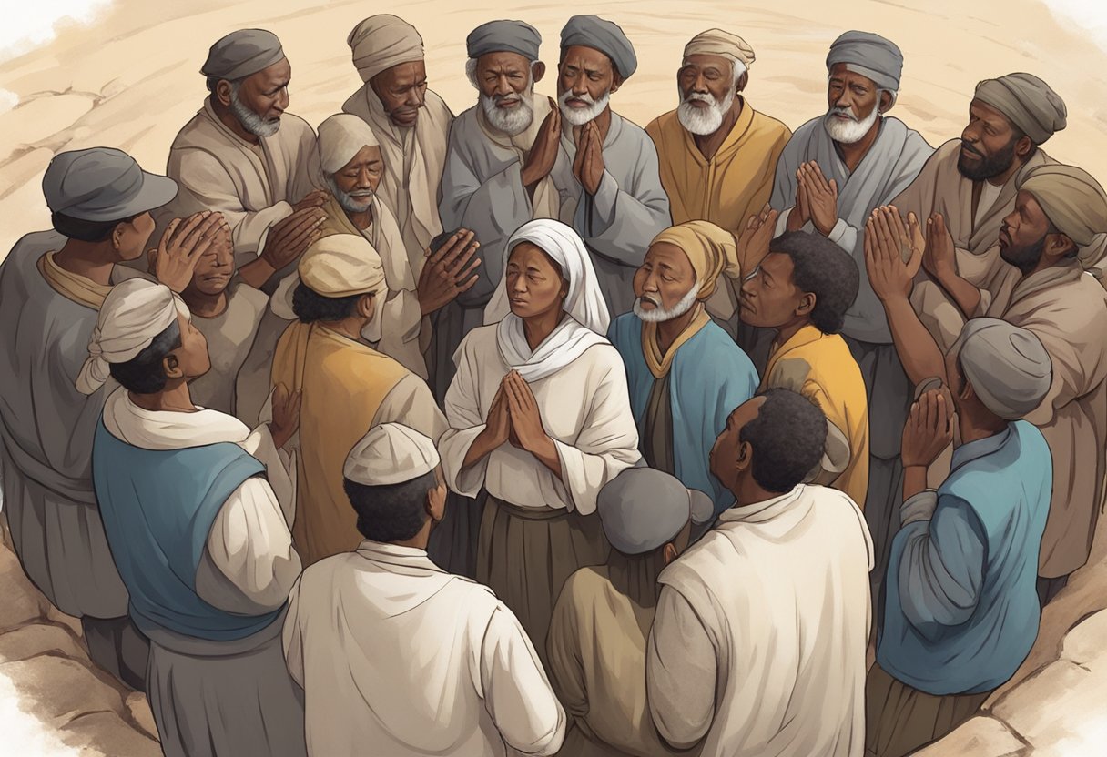 A group of villagers gather in a circle, praying fervently with eyes closed and hands raised. A sense of urgency and determination is evident in their expressions as they seek deliverance from their troubles