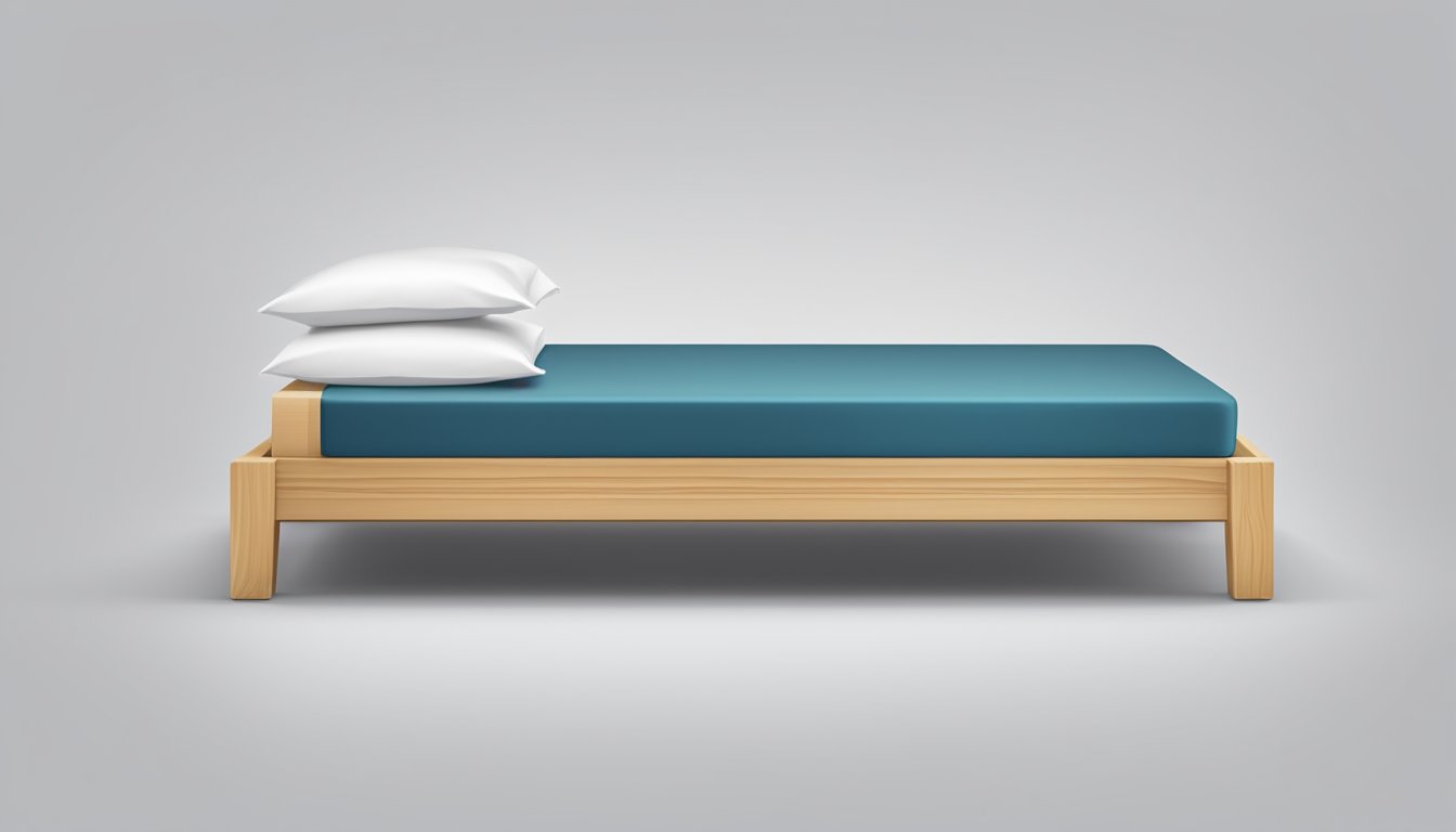 A neatly folded single bed with a "Frequently Asked Questions" label on the side