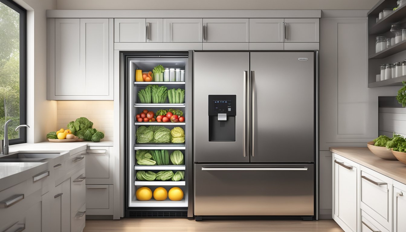 A sleek stainless steel fridge stands in a modern kitchen, stocked with fresh produce and neatly organized shelves. The soft glow of the interior light highlights its clean and inviting appearance