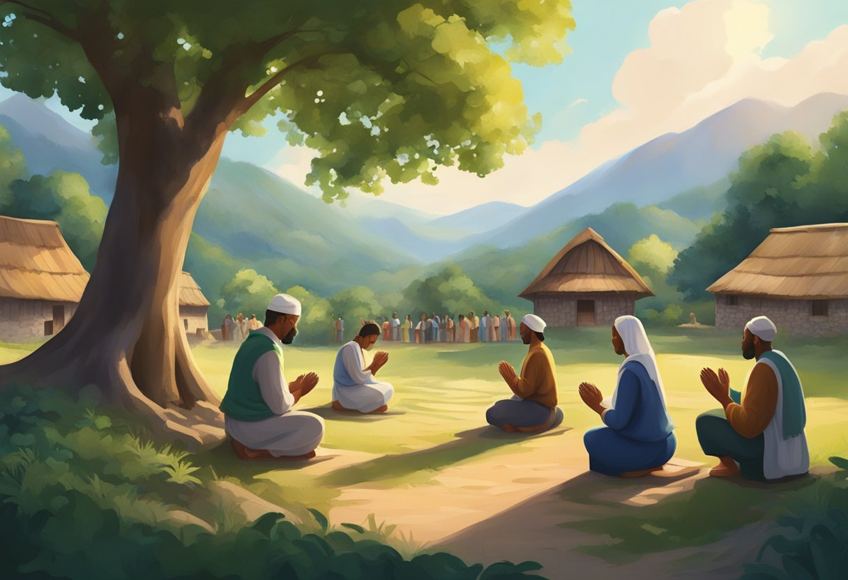A group of villagers gather in a circle, holding hands and bowing their heads in prayer. The setting is a tranquil village surrounded by lush greenery