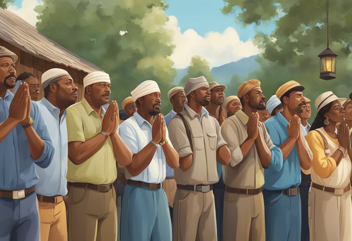 A group of village people gather in prayer, their faces uplifted and hands raised. A sense of reverence and hope fills the air as they seek deliverance