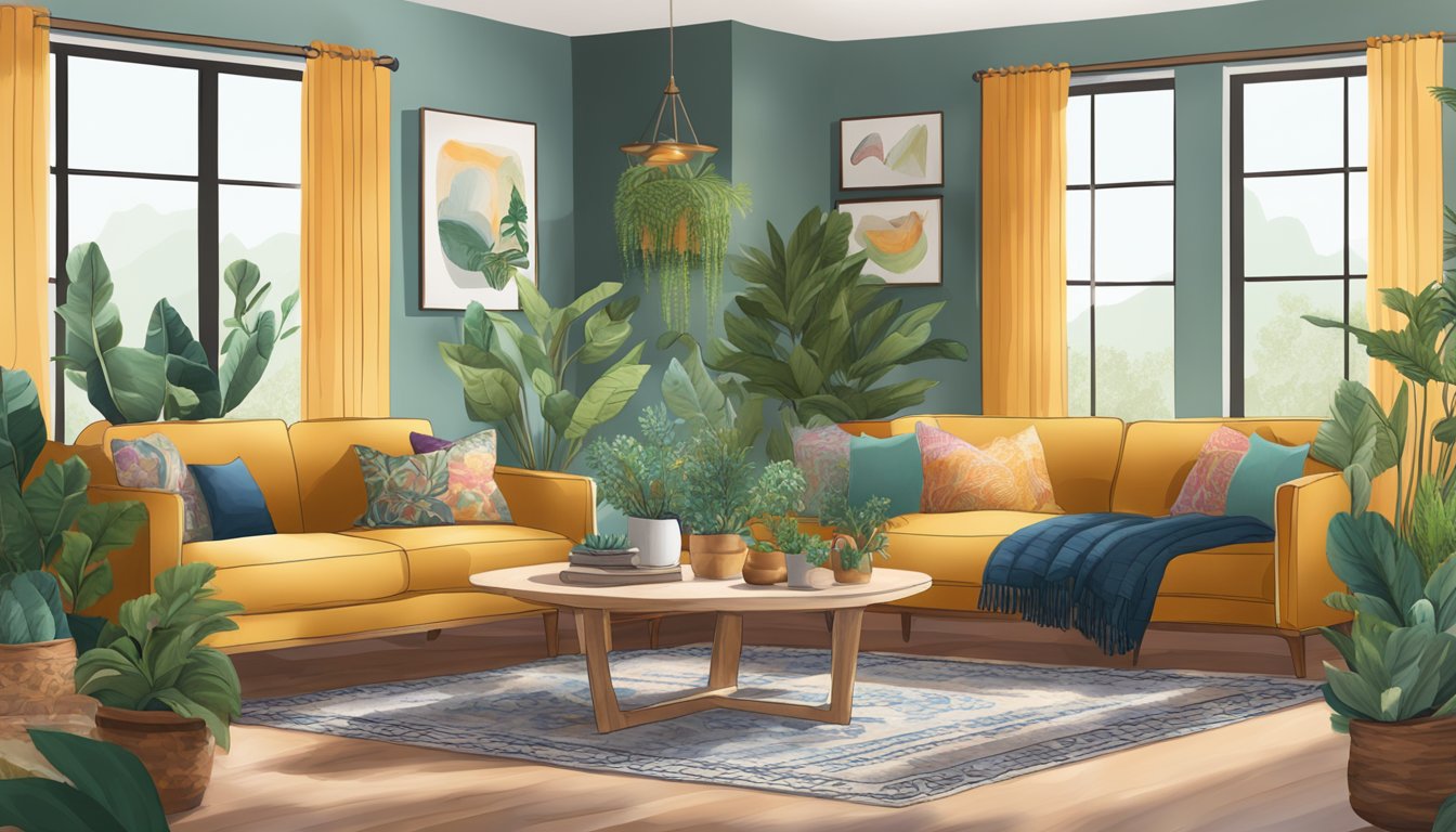 A cozy living room with eclectic furniture, layered textiles, and vibrant colors. Plants and natural elements add a bohemian touch to the space