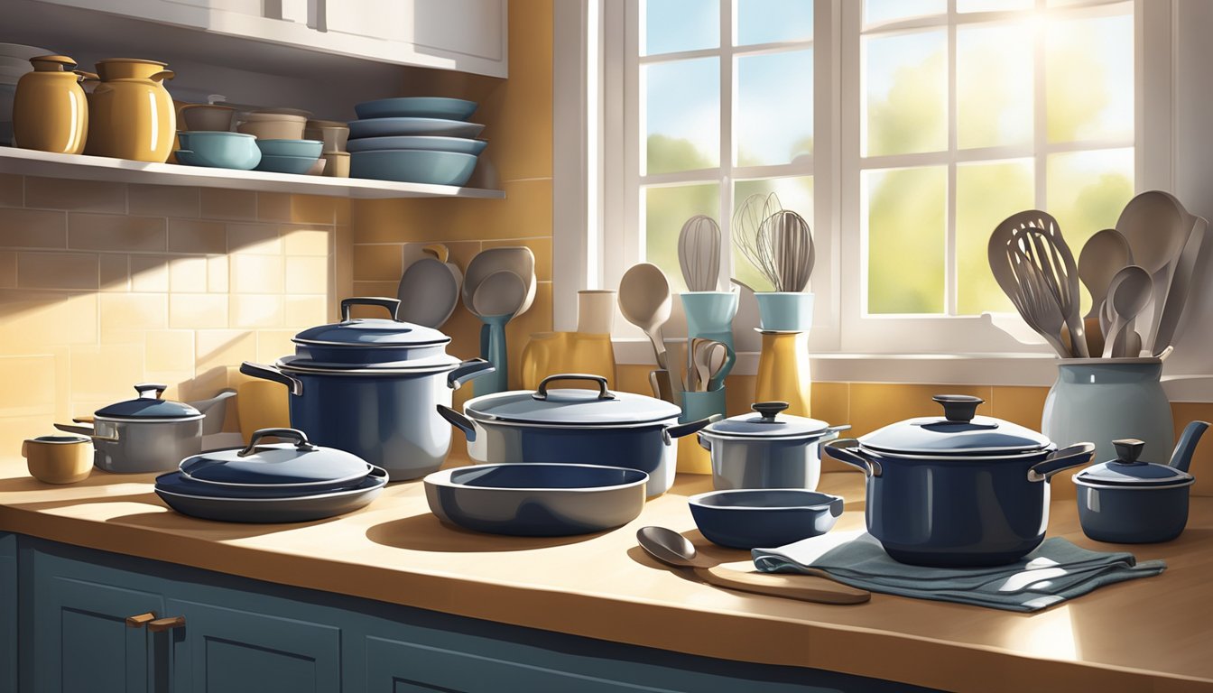 A kitchen scene with various ceramic cookware displayed on a countertop, including pots, pans, and utensils. Light streams in from a nearby window, casting shadows on the glossy surfaces