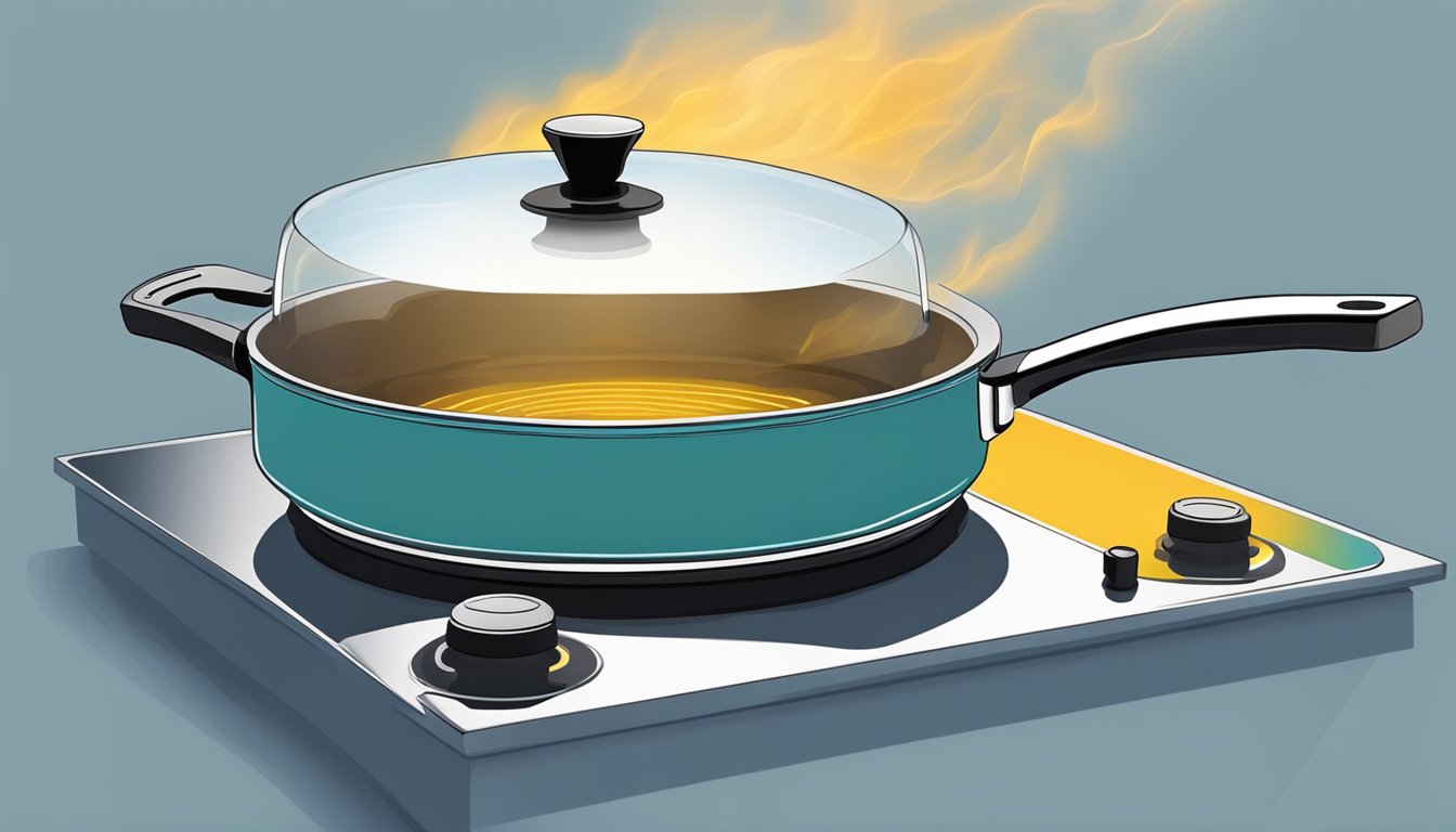 A pot sits on a glass induction cooktop, with heat waves rising from the surface