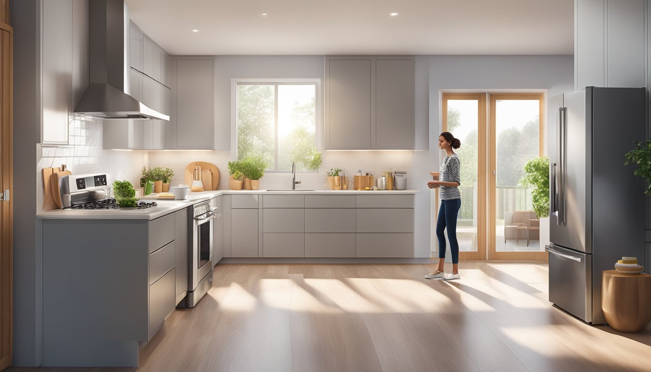 A family stands in a spacious kitchen, comparing different fridge models. The sunlight streams in through the window, highlighting the sleek, modern designs of the appliances