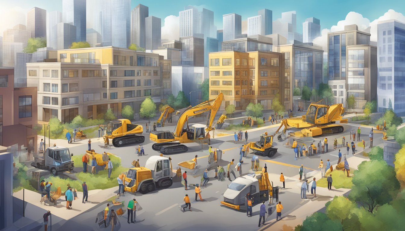 A diverse group of people collaboratively constructing a strong and vibrant community, with buildings and infrastructure rising in the background