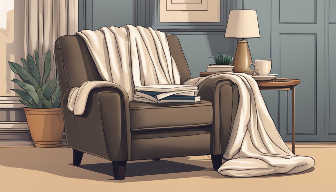 A recliner armchair sits in a cozy living room, with a soft blanket draped over the back and a side table holding a warm cup of tea