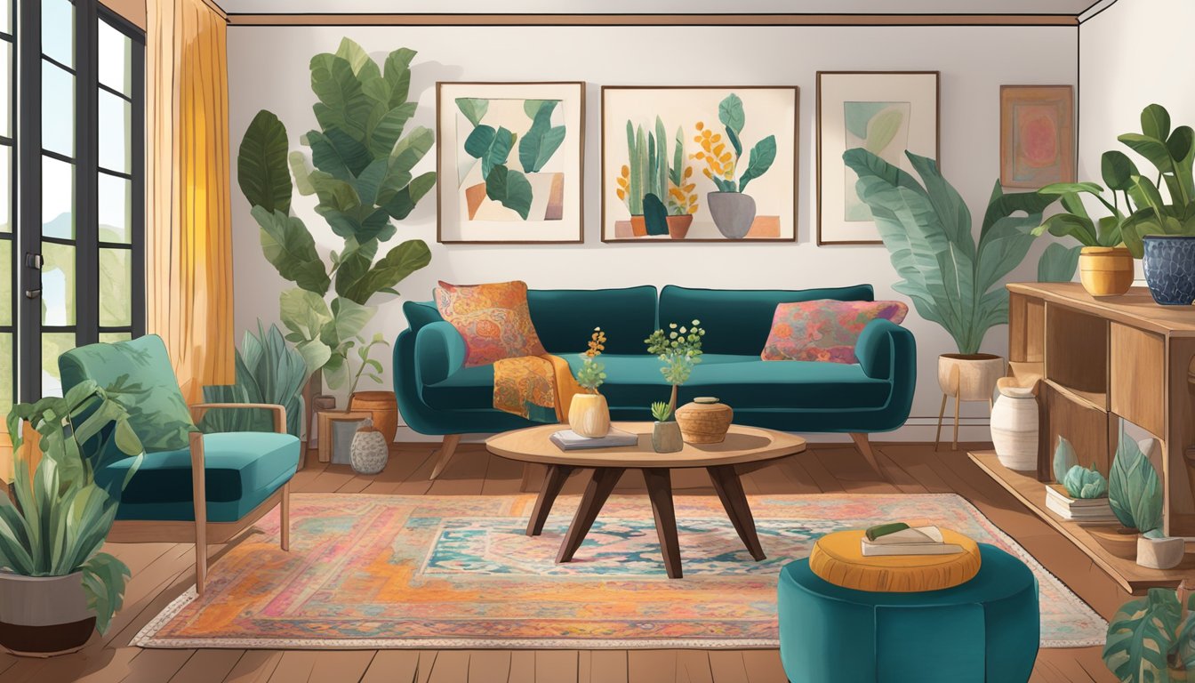 A cozy living room with eclectic furniture, vibrant colors, and layered textures. Plants, vintage rugs, and unique art pieces add to the bohemian flair