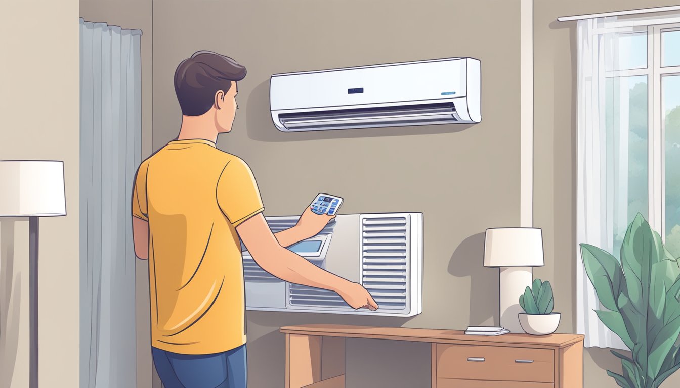 A person choosing an air conditioner with a BTU rating, then installing it in a room