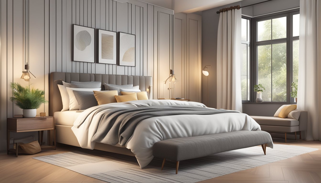 A cozy bedroom with a neatly made mattress firm against a headboard, surrounded by soft pillows and a warm, inviting atmosphere