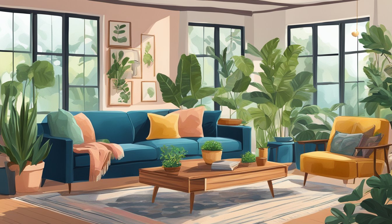 A cozy living room with eclectic furniture, vibrant colors, and an abundance of plants. A mix of vintage and modern decor creates a relaxed and artistic atmosphere