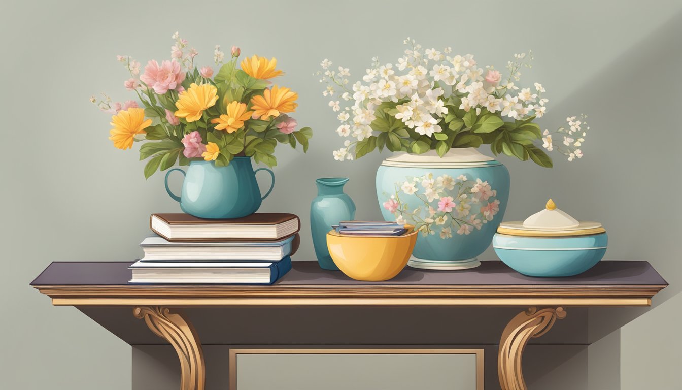 A sideboard table adorned with a vase of flowers, a stack of books, and a decorative bowl