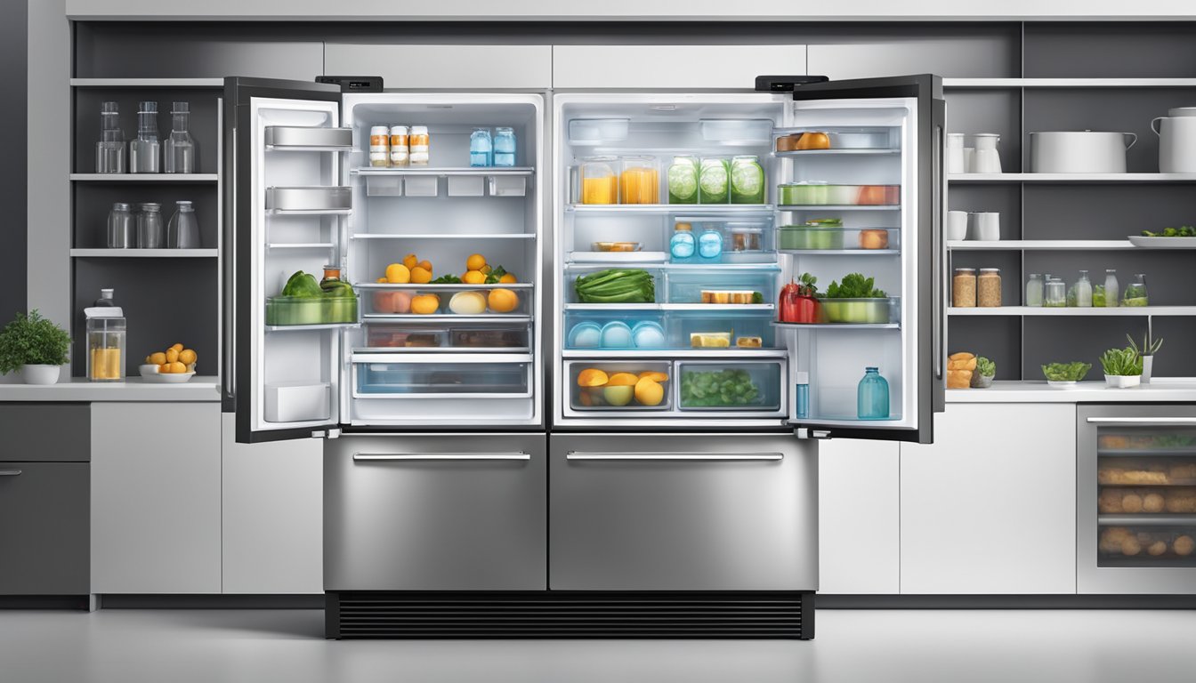 A sleek, modern refrigerator with touch-screen control panel, adjustable shelves, and built-in water and ice dispenser