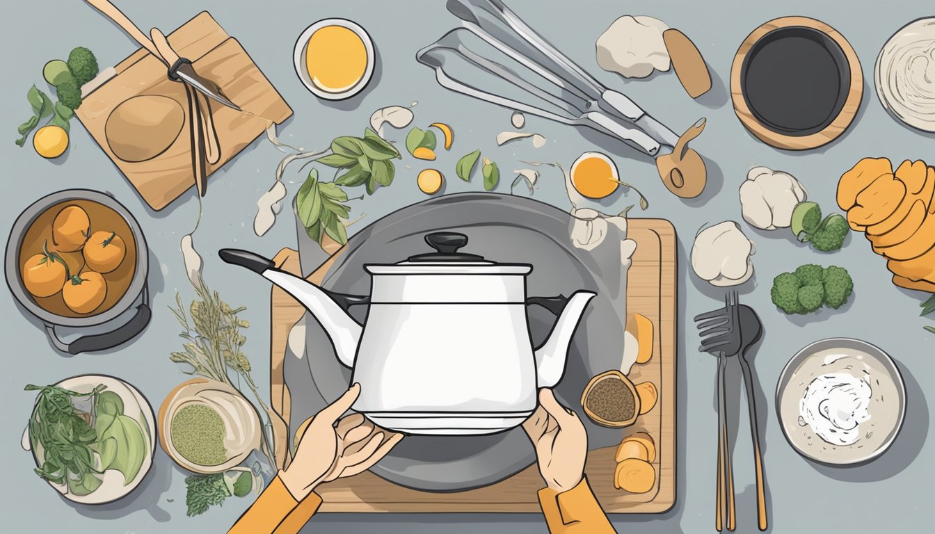 A hand reaching for a ceramic pot with the "Making the Right Choice" logo, surrounded by various cooking utensils and ingredients on a kitchen counter