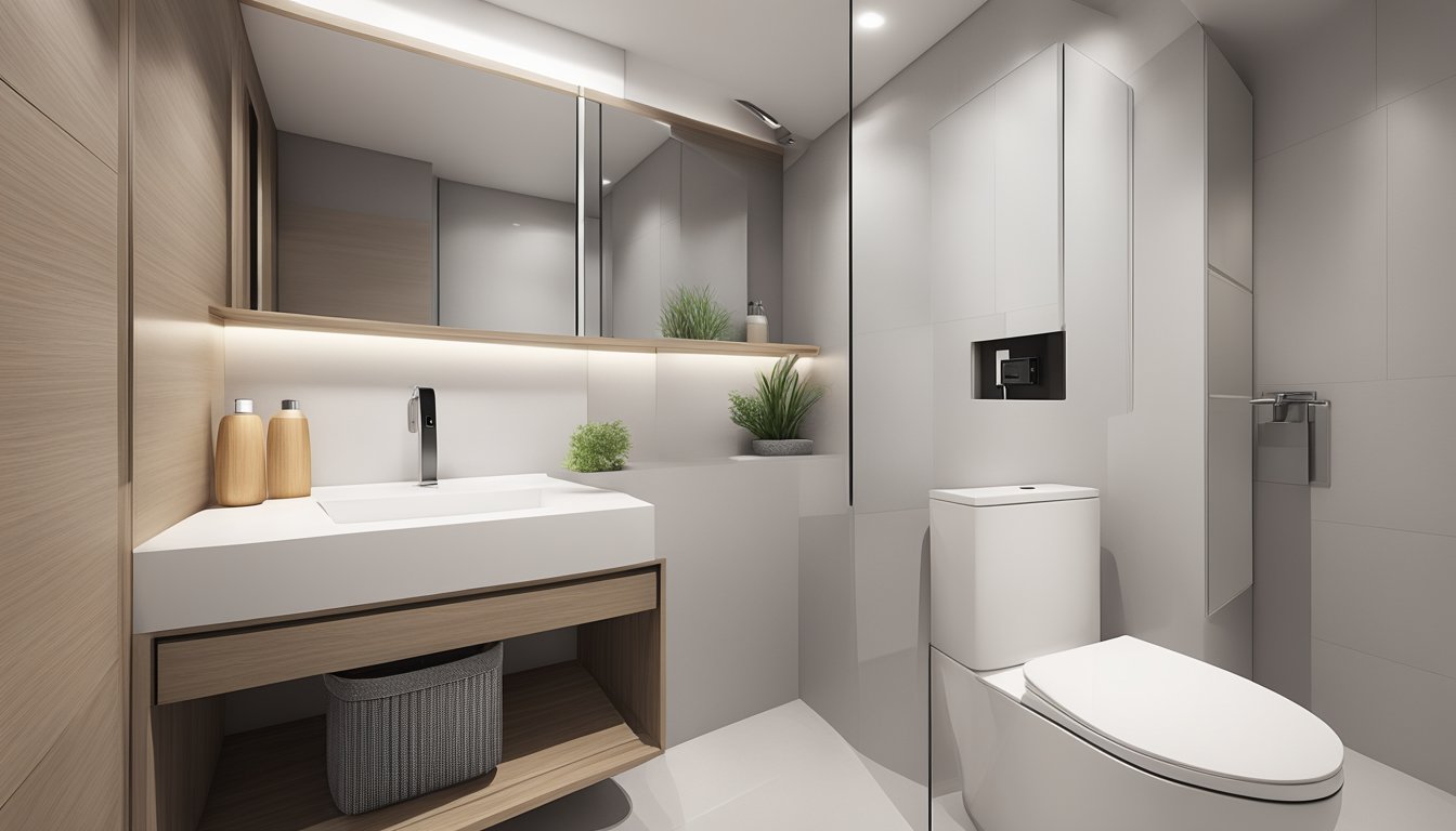 A clean, modern HDB BTO toilet with a sleek design, white fixtures, and ample storage space