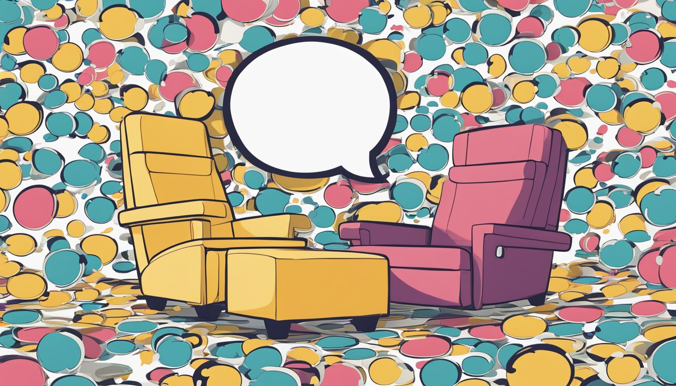 A recliner armchair surrounded by question marks and a speech bubble with the words "Frequently Asked Questions" floating above it