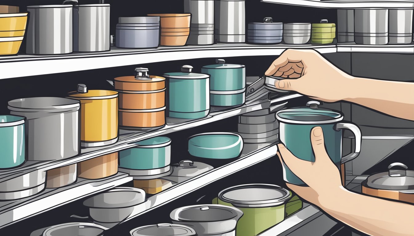 A hand reaches for various induction pots on a store shelf, carefully inspecting each one for size and material